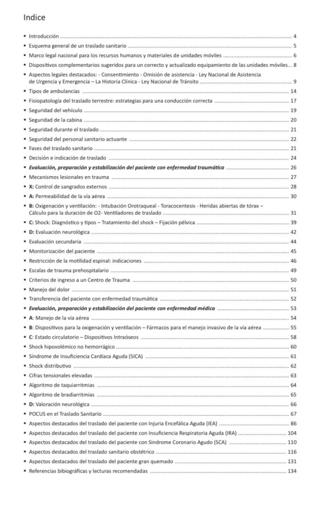 Índice del manual Protocolos de Traslado Terrestre del Paciente Adulto Grave, publicación 2026 de ETUM